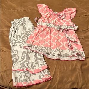 Ann Loren Pink and Gray flare pants with Ruffles and Damask